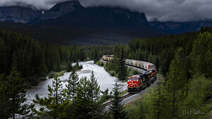 CN Train At Morants Curve In Lake Louise Alberta Canada