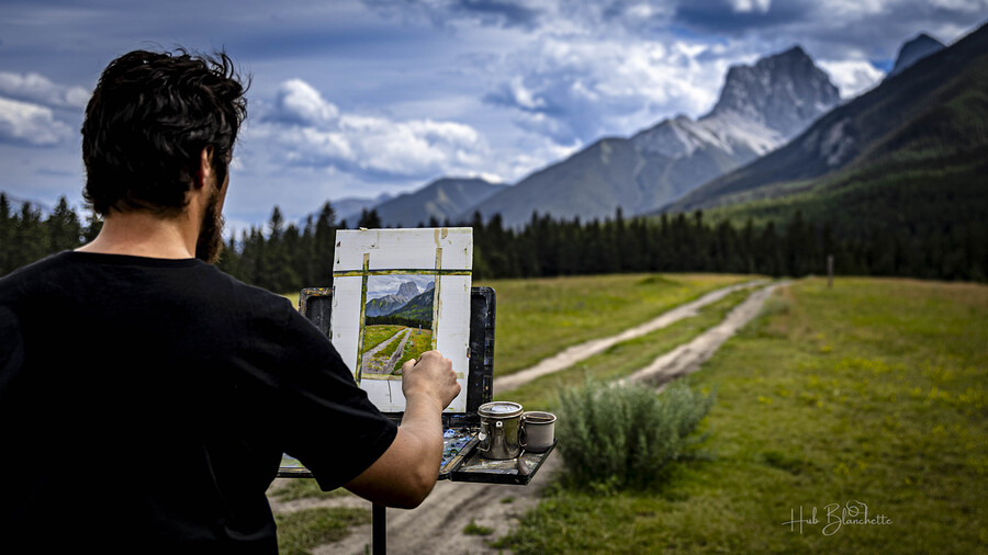 Unknown Artist Painting The Three Sisters In Canmore Alberta Canada  Print